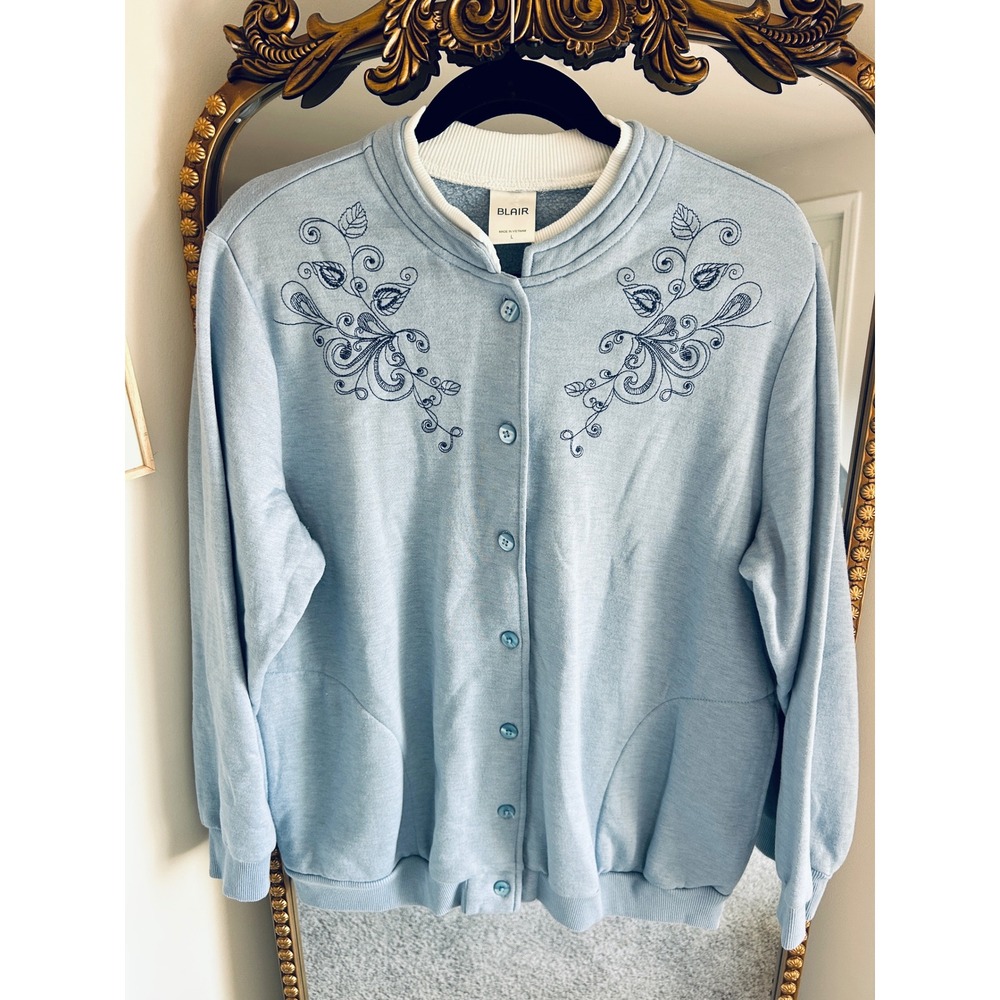 Blair Women Blue‎ Embroidered Button Front Fleece Cardigan Sweatshirt Size L